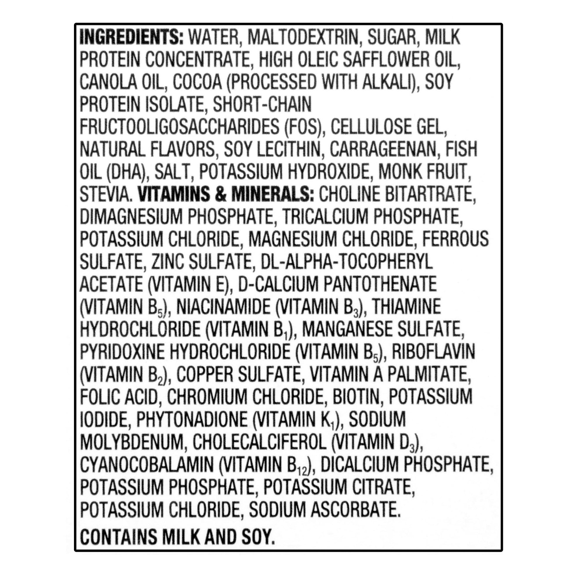 A rectangular label displaying a comprehensive list of ingredients and vitamins/minerals on a white background