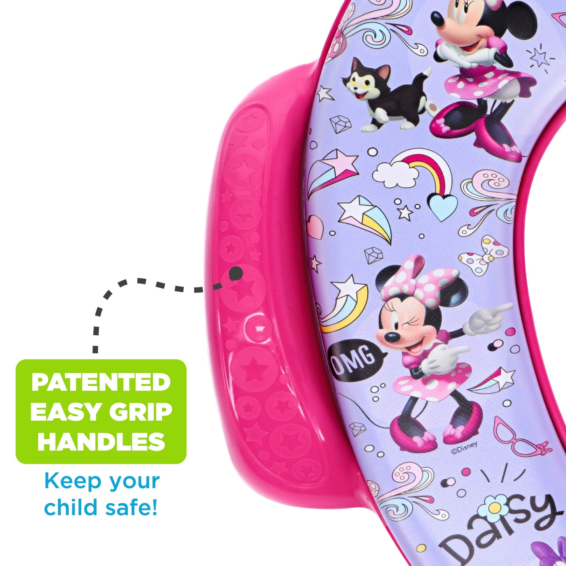 Close-up of a child's potty training seat with cartoon characters and an easy-grip handle feature