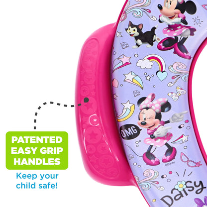 Close-up of a child's potty training seat with cartoon characters and an easy-grip handle feature