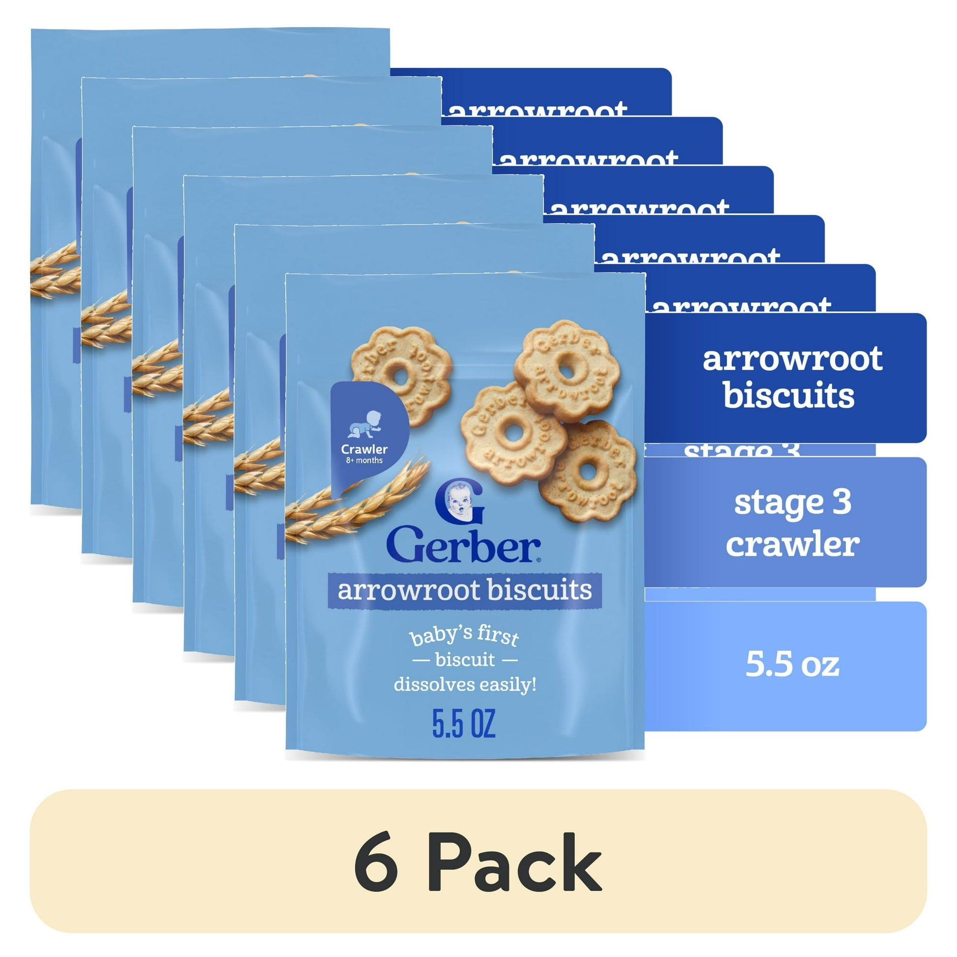 arrowroot biscuits stage 3 for babies, showing 6 packs on a white background.