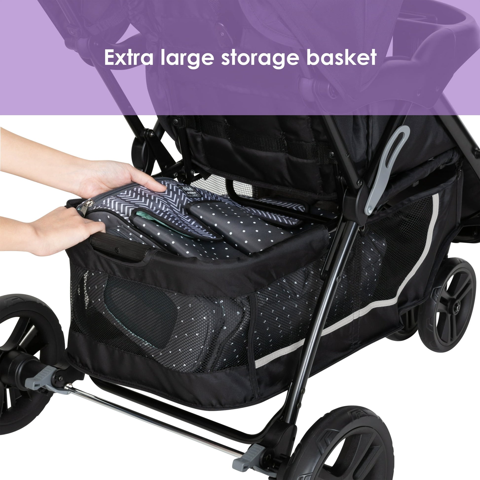 Image displaying a baby stroller with text about it's details