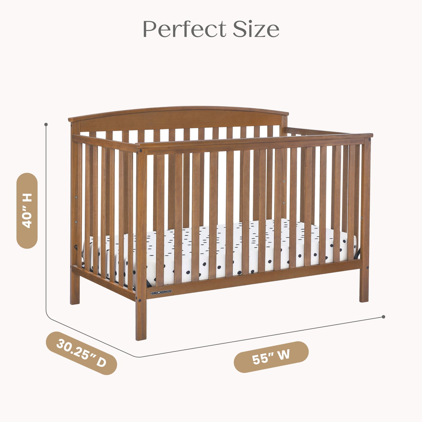 A wooden baby crib with a mattress and measurements for height, depth, and width