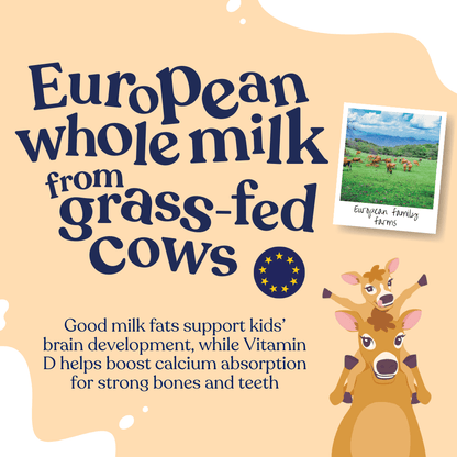 Text about European whole milk from grass-fed cows, with a farm image and cow illustration