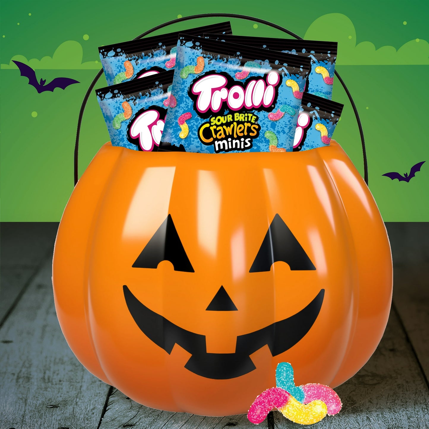 Trolli Mini Sour Brite Crawlers, Halloween Sour Candy Treat Sized, Trick-or-Treating and Fall Parties, 9.6 oz Bag, 16 Count