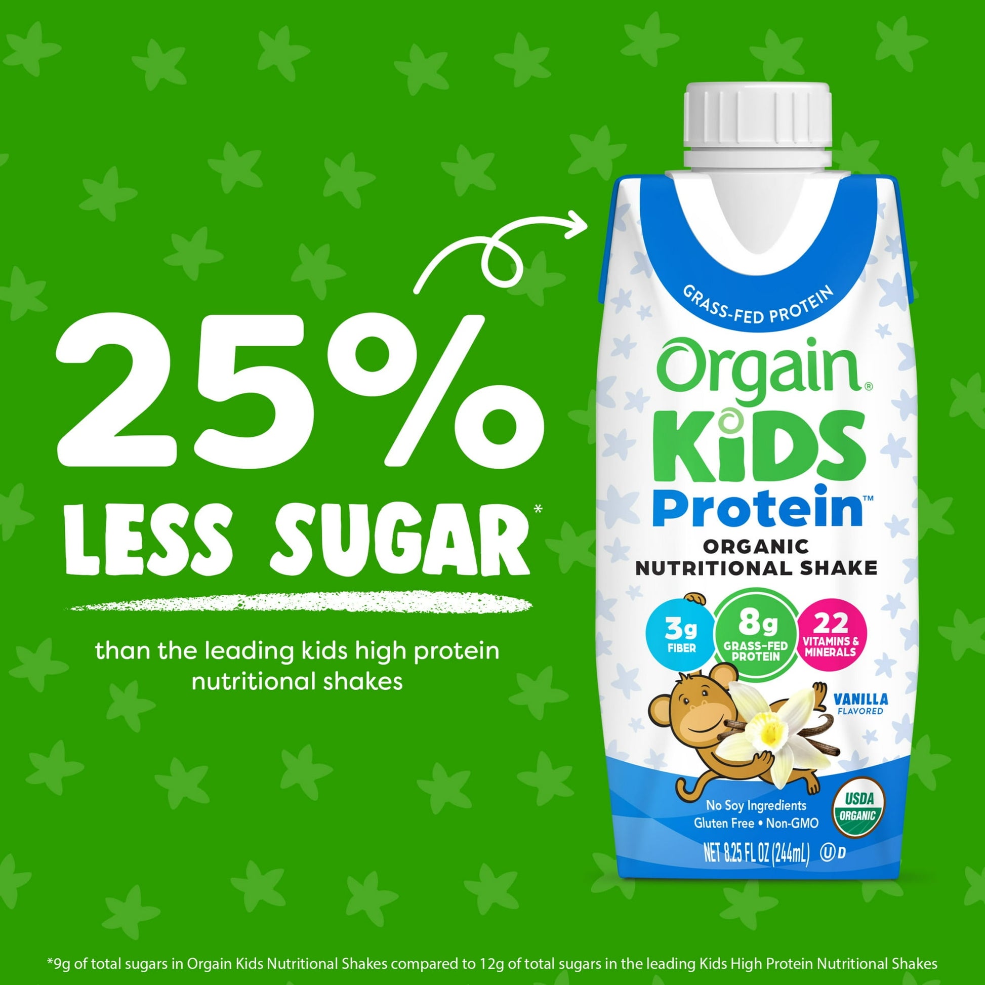Kids Protein shake container with sugar reduction claim on a green background