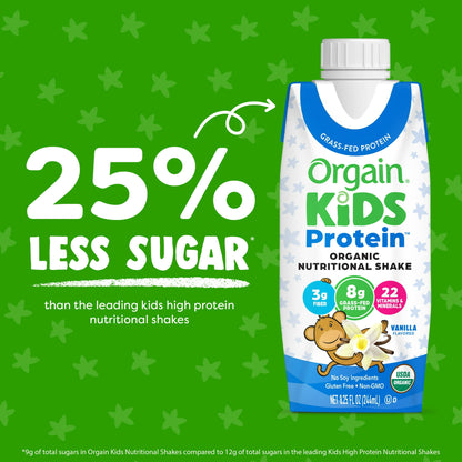 Kids Protein shake container with sugar reduction claim on a green background