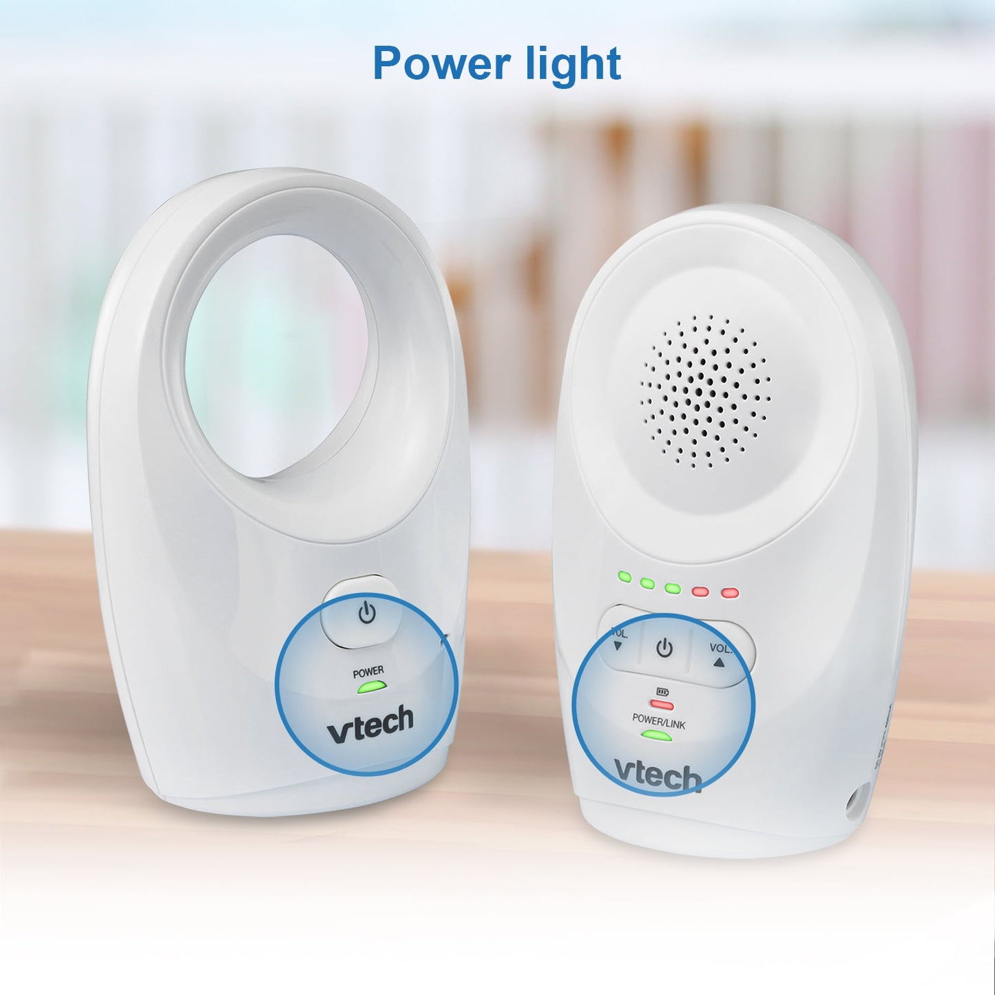 Two white audio units, comprising a baby monitor's parent unit and baby unit