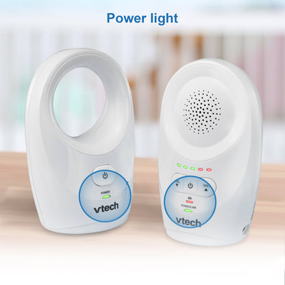Two white audio units, comprising a baby monitor's parent unit and baby unit