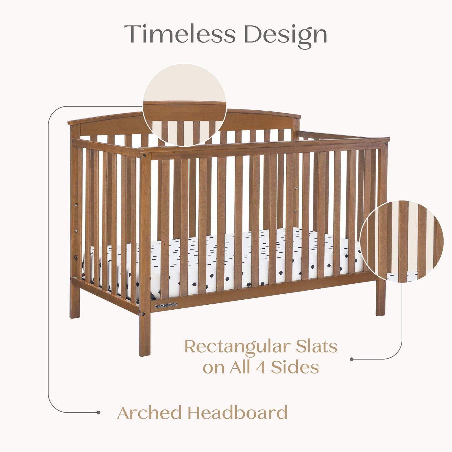 A wooden baby crib with a mattress, featuring rectangular slats and an arched headboard