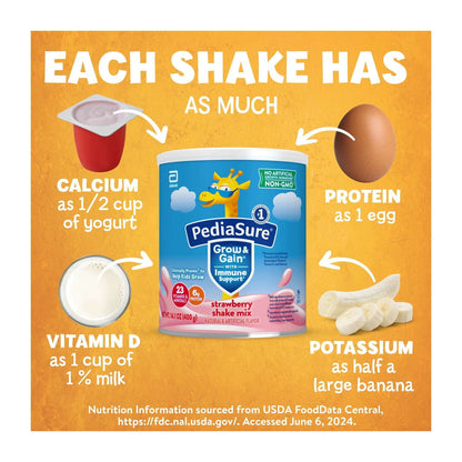 Nutritional shake mix powder can for kids with comparative ingredients like yogurt, milk, egg, and banana slices