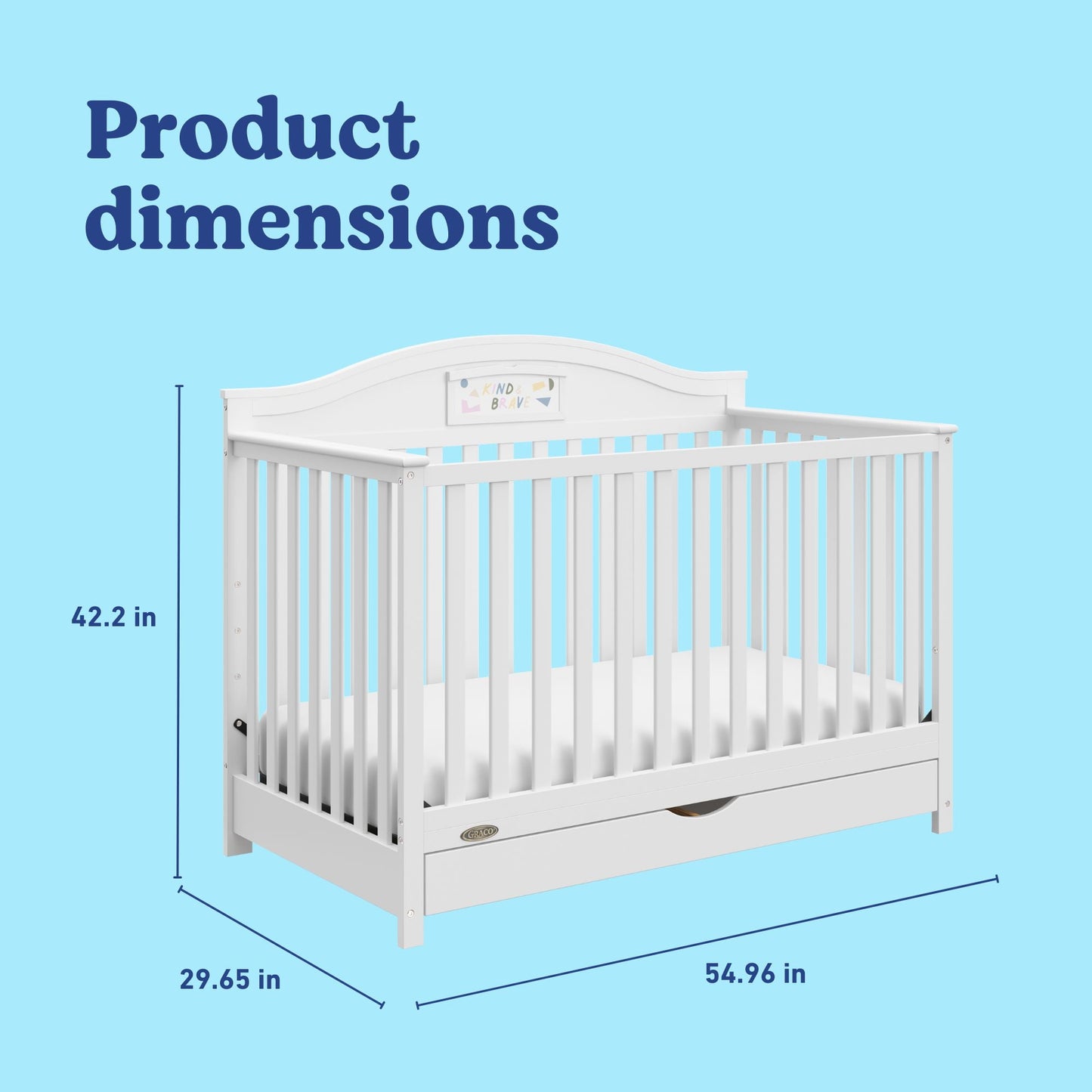 A white baby crib with a storage drawer and product dimensions displayed