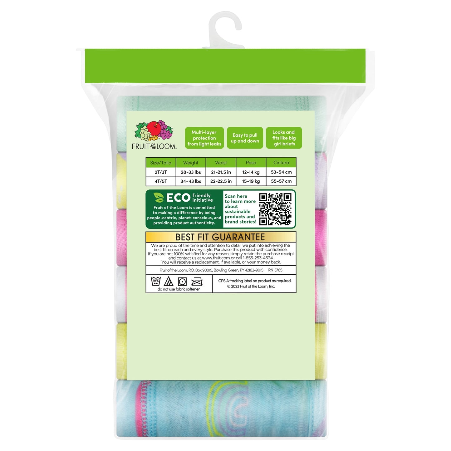 A clear plastic package containing multi-colored toddler training underwear with product information