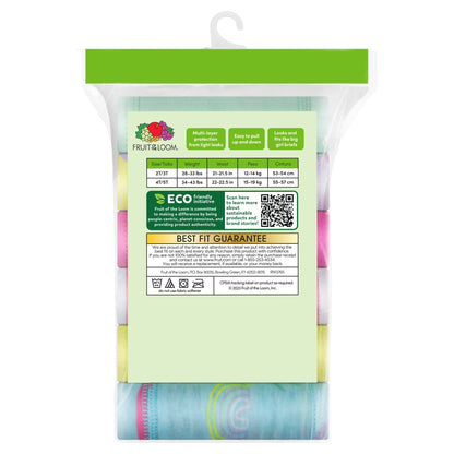 A clear plastic package containing multi-colored toddler training underwear with product information