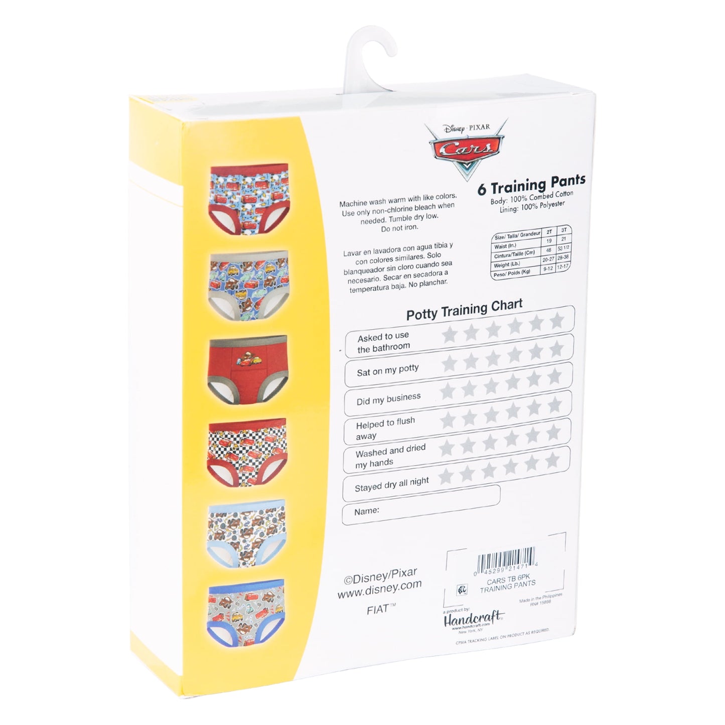 Package of six children's training pants with a potty training chart visible on the back