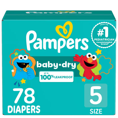 baby dry diapers packaging with Sesame Street characters on a teal background