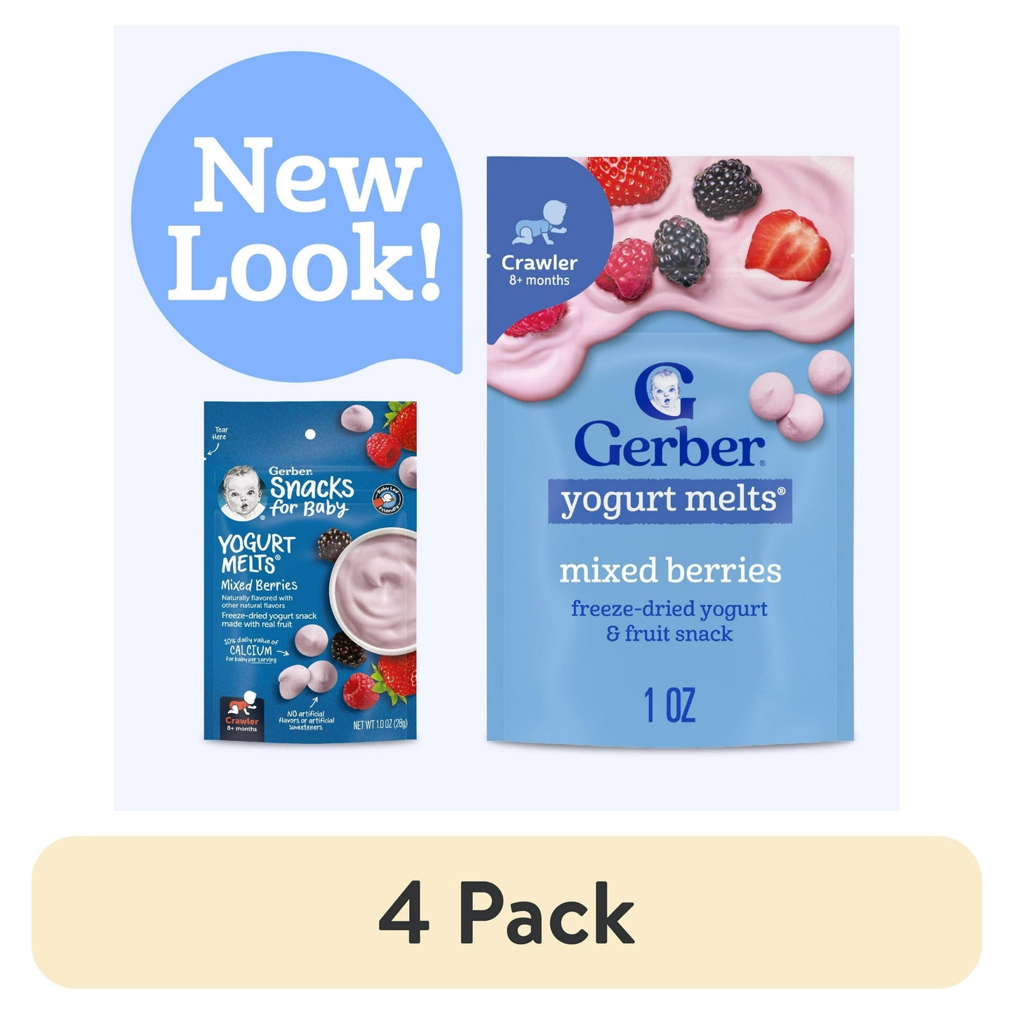 baby food 4 packages of yogurt melts with mixed berries flavor, labeled 'New Look' and '4 Pack'.