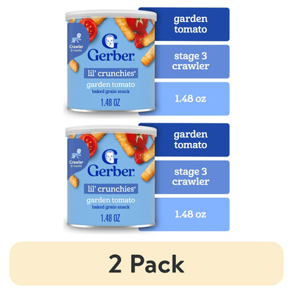 baby food Two cans of garden tomato baked grain snack with product details on a white background.