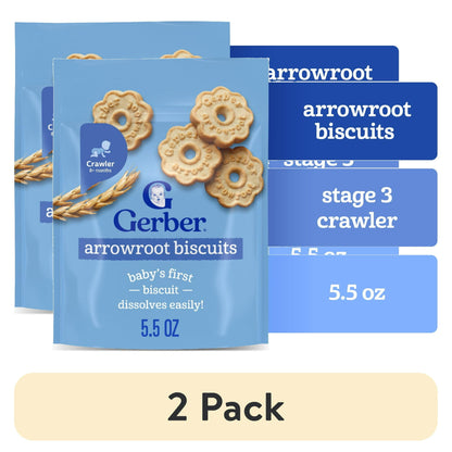 baby food Two packs of arrowroot biscuits with product details on a white background