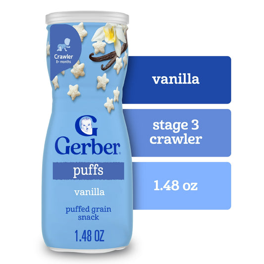 baby food Vanilla Puffs packaging on a white background