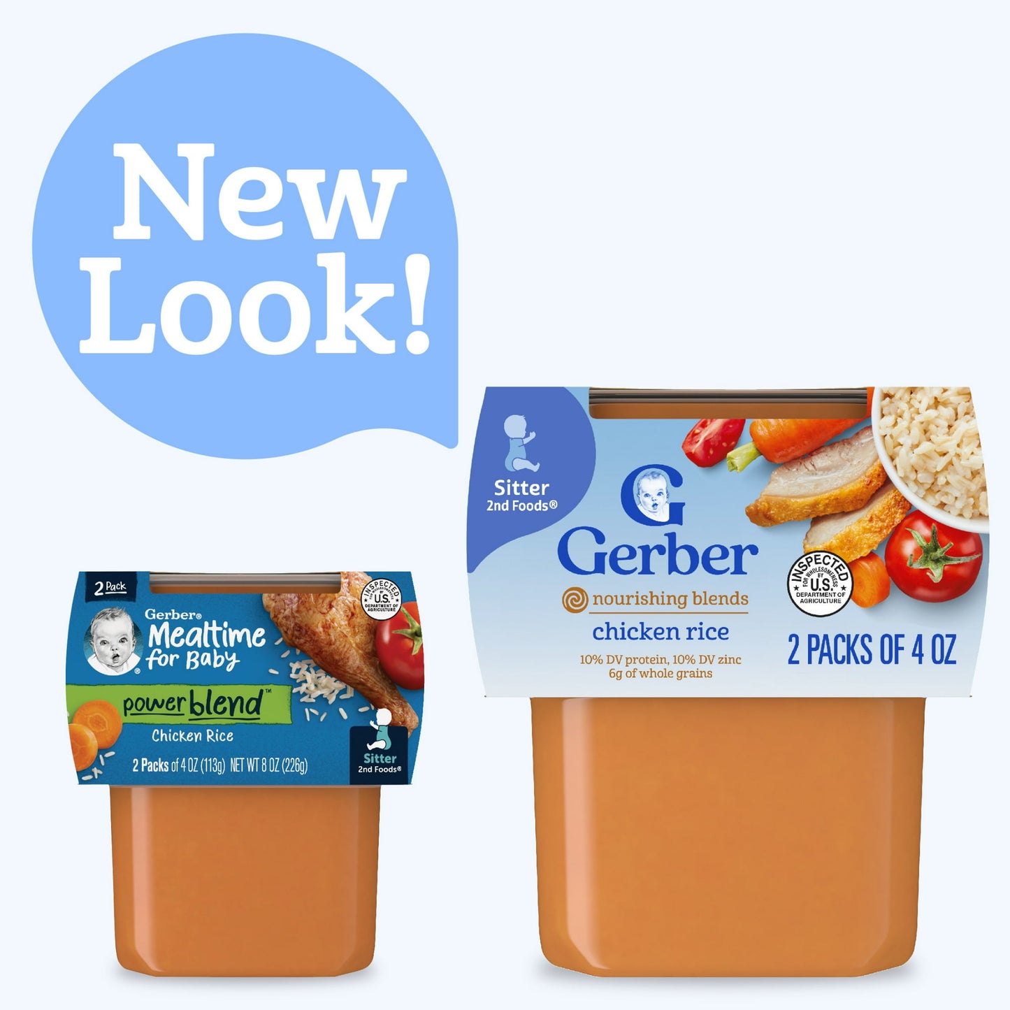 Two baby food containers with 'New Look!' text on a white background