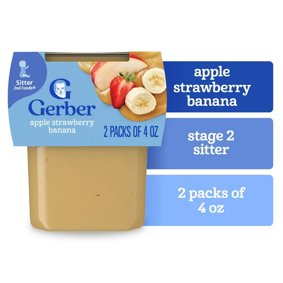 baby food packaging with apple strawberry banana flavor on a white background