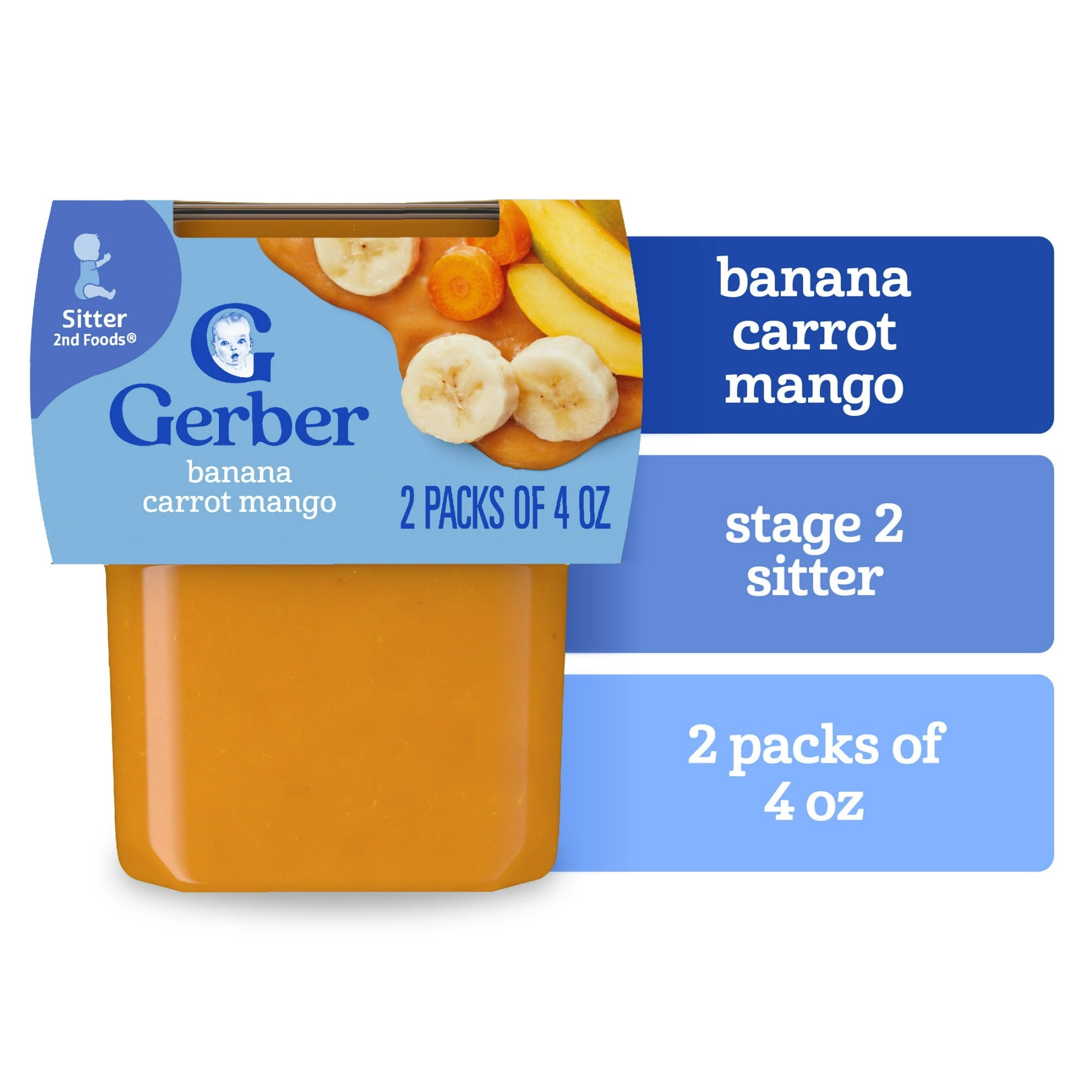 baby food packaging with banana, carrot, and mango on a white background