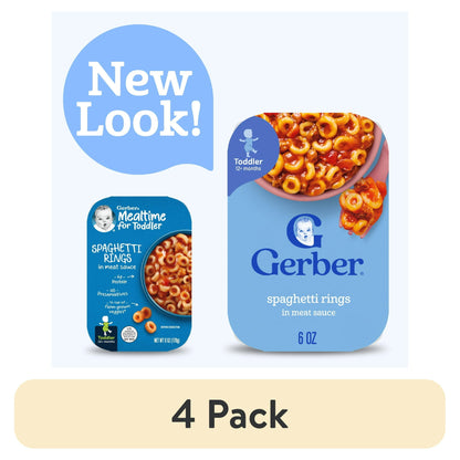baby food spaghetti rings in meat sauce packaging with 'New Look!' label and 4 pack text.