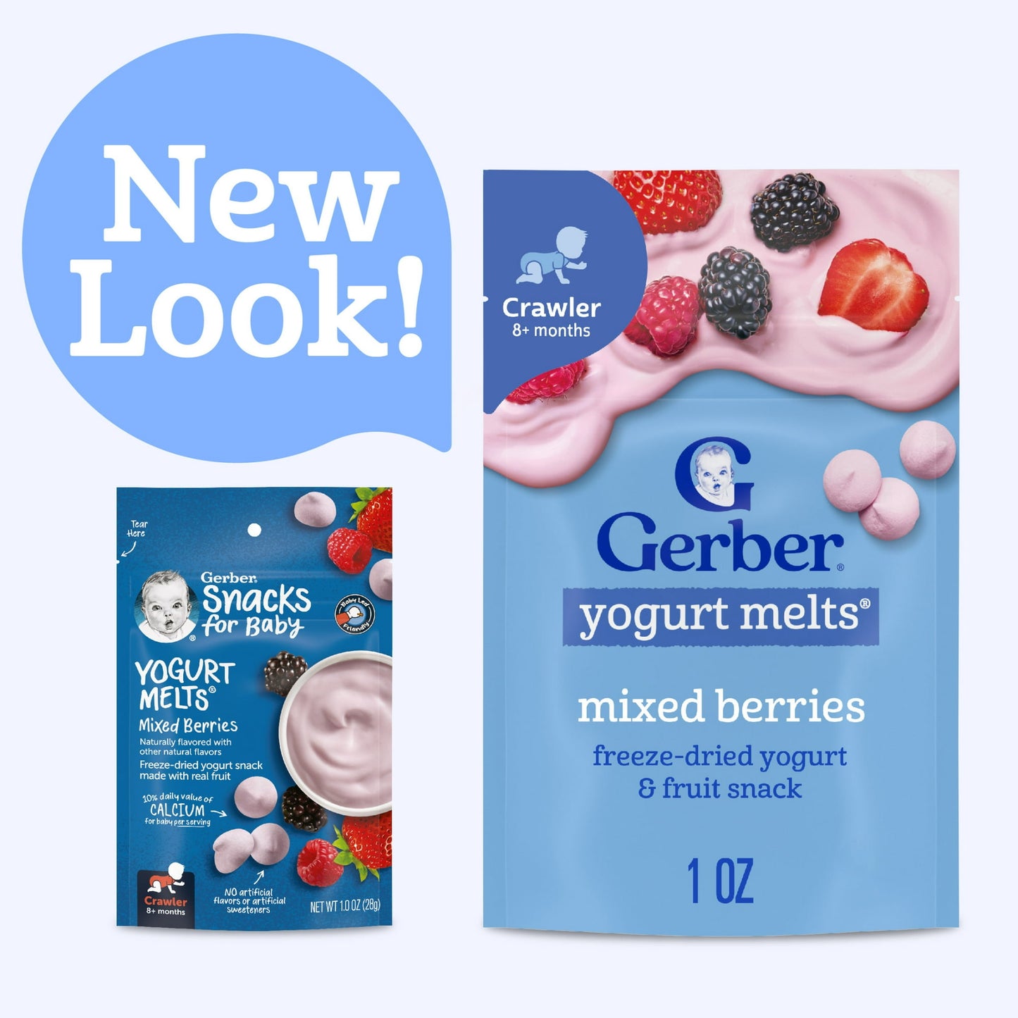 baby food yogurt melts packaging with 'New Look!' text on a blue background