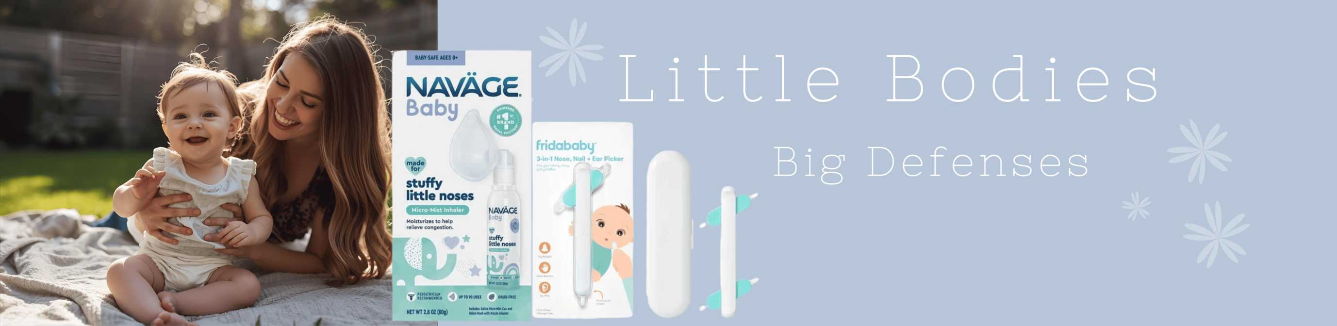 Woman holding a baby with Navage products displayed on a banner for flu care essentials and baby winter essentials 