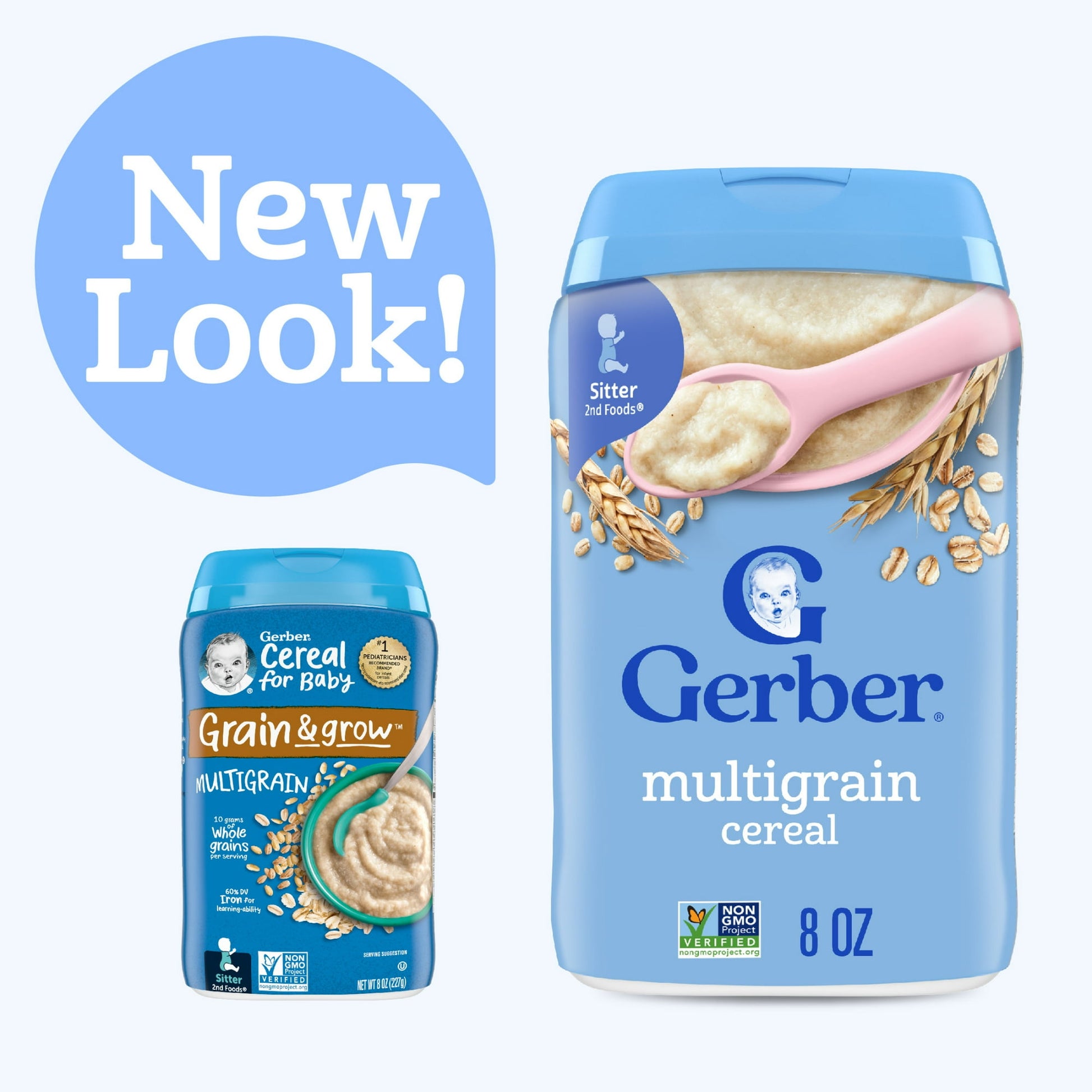 baby snacks Two containers of multigrain cereal with a 'New Look!' label on a white background