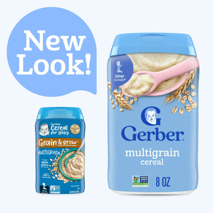 baby snacks Two containers of multigrain cereal with a 'New Look!' label on a white background