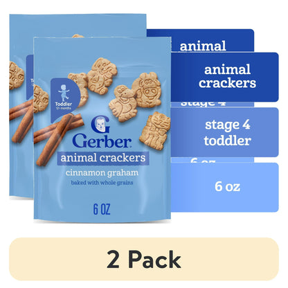 baby snacks Two packs of animal crackers cinnamon graham flavor on a white background
