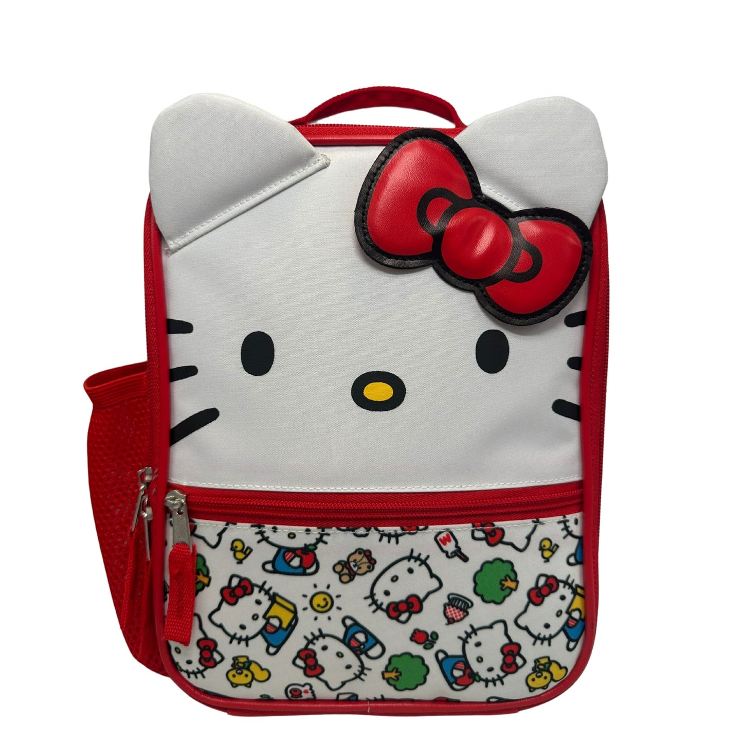 backpack with red accents and character pattern on a white background