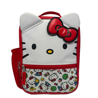 backpack with red accents and character pattern on a white background