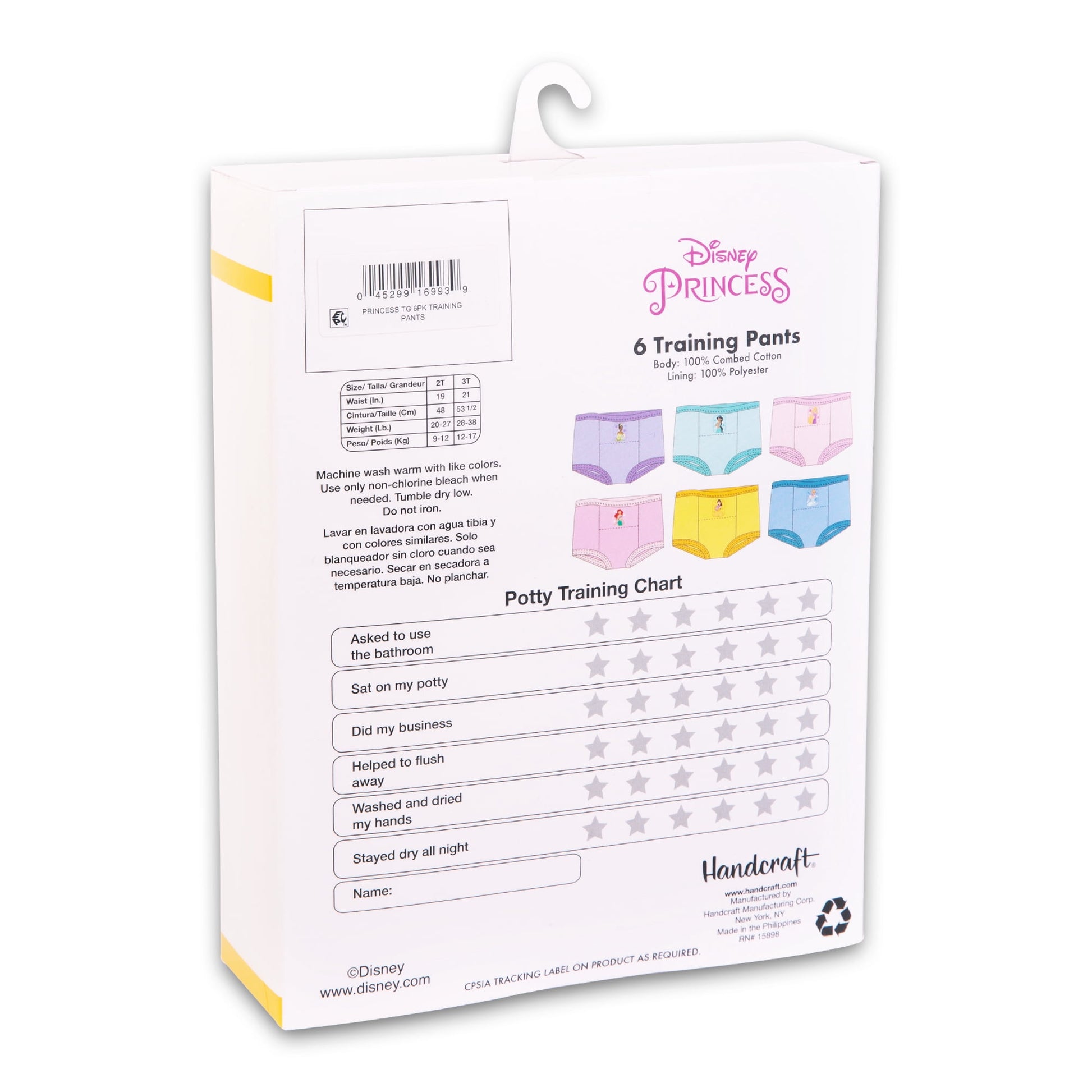 A package of children's training pants with a potty training chart on the back
