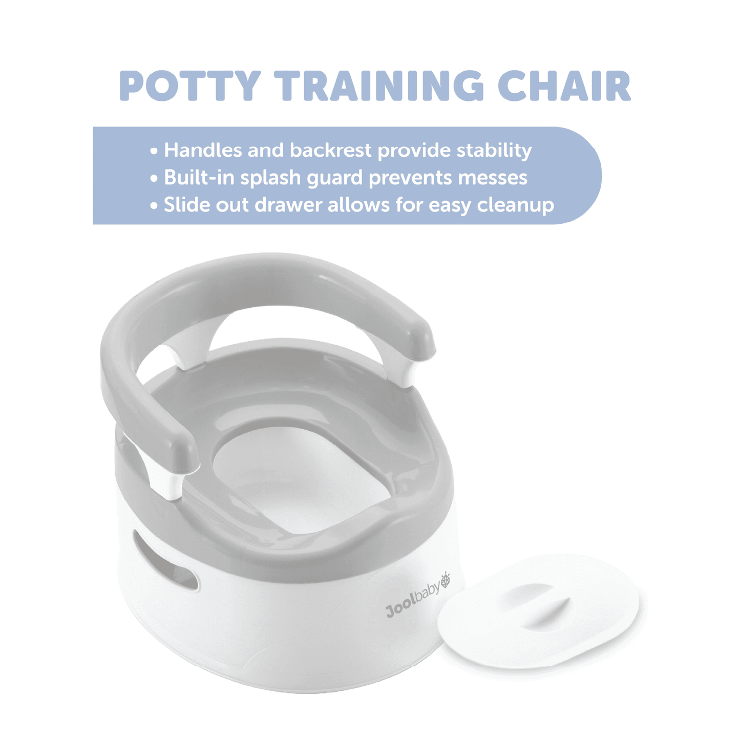 A grey and white potty training chair with a separate lid on a plain white background