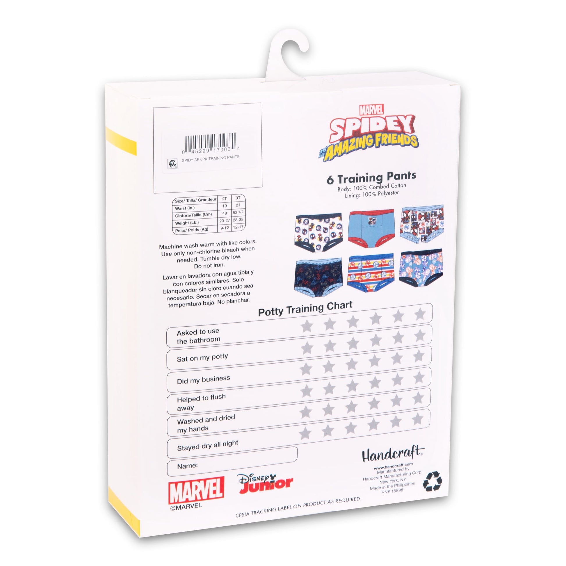 Package containing six pairs of patterned training pants and a potty training chart