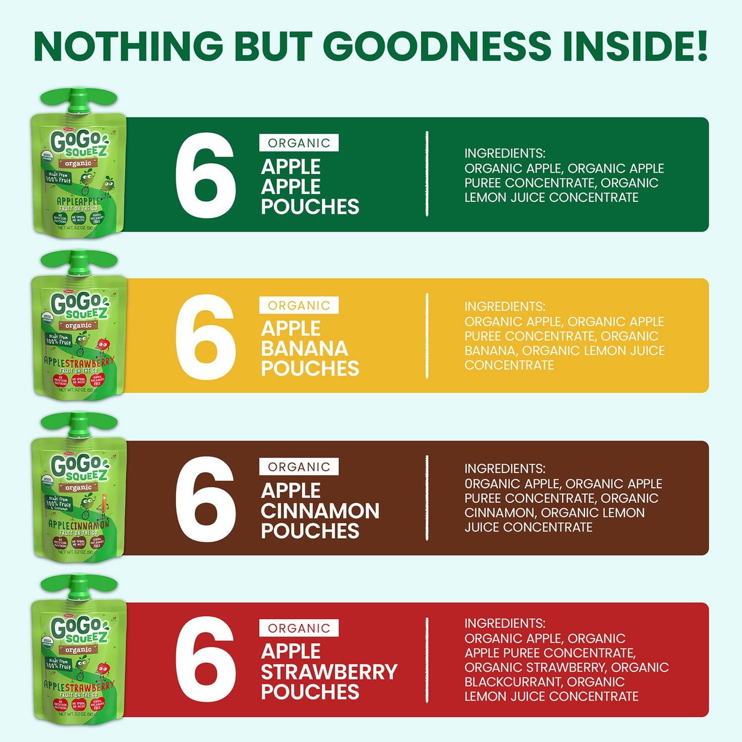 GoGo SqueeZ Organic Applesauce Pouches, Variety Pack, 3.2 oz., 24 ct.