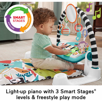 Image displaying a baby with a Baby activity play set and text about it's details