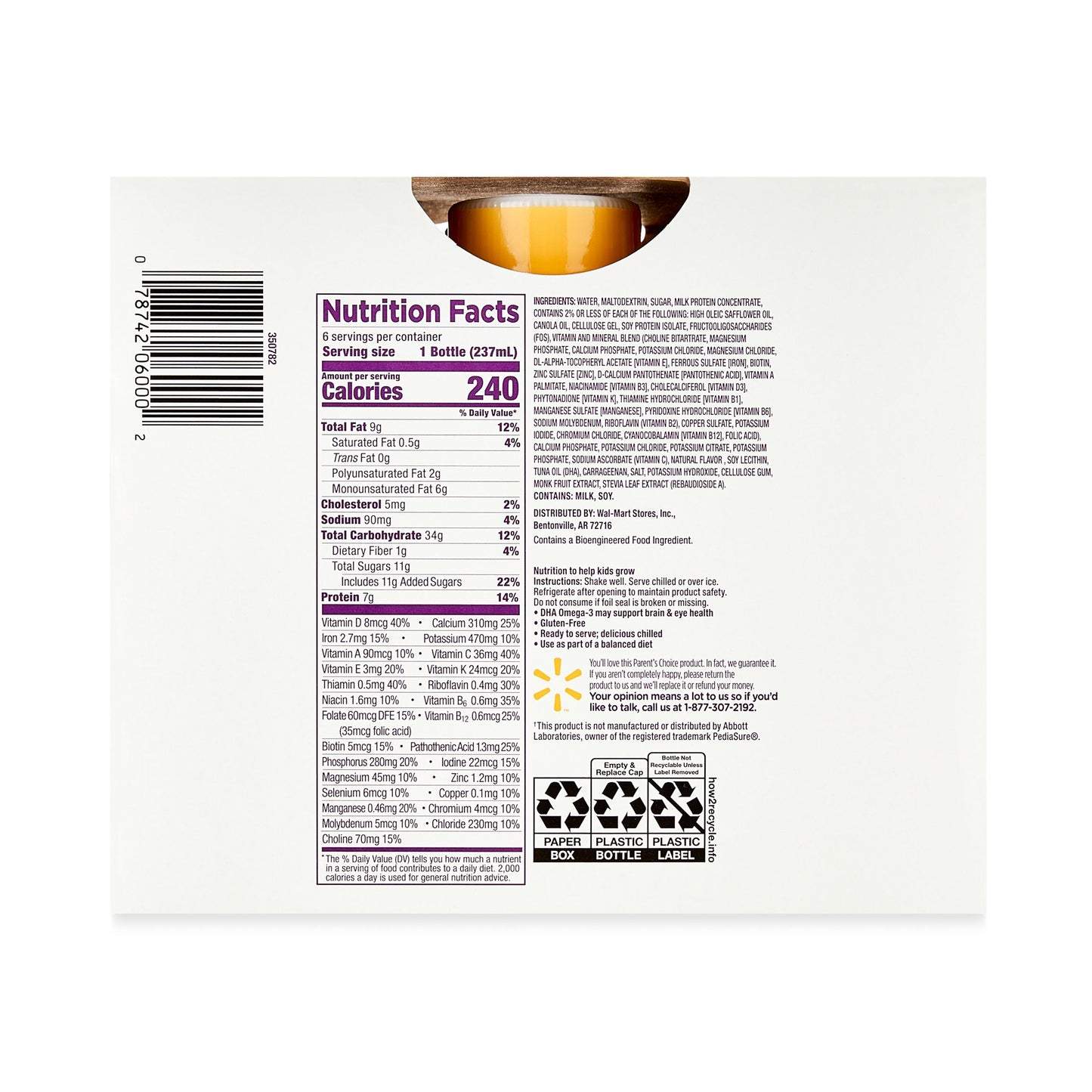 Back of nutritional shakes package displaying nutrition facts, ingredients, and recycling information
