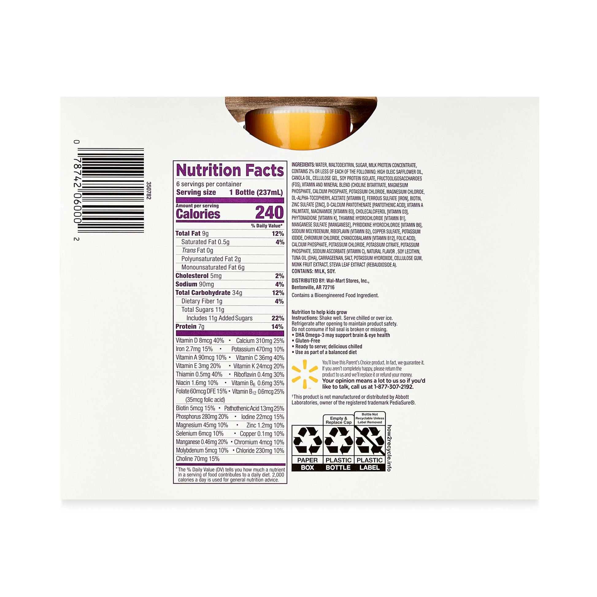Back of nutritional shakes package displaying nutrition facts, ingredients, and recycling information