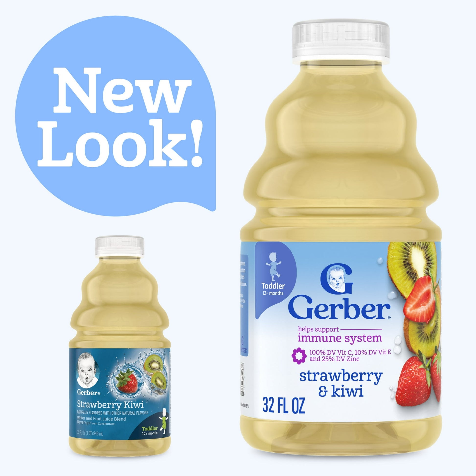 bottle of Strawberry Kiwi juice with a 'New Look!' label on a white background.