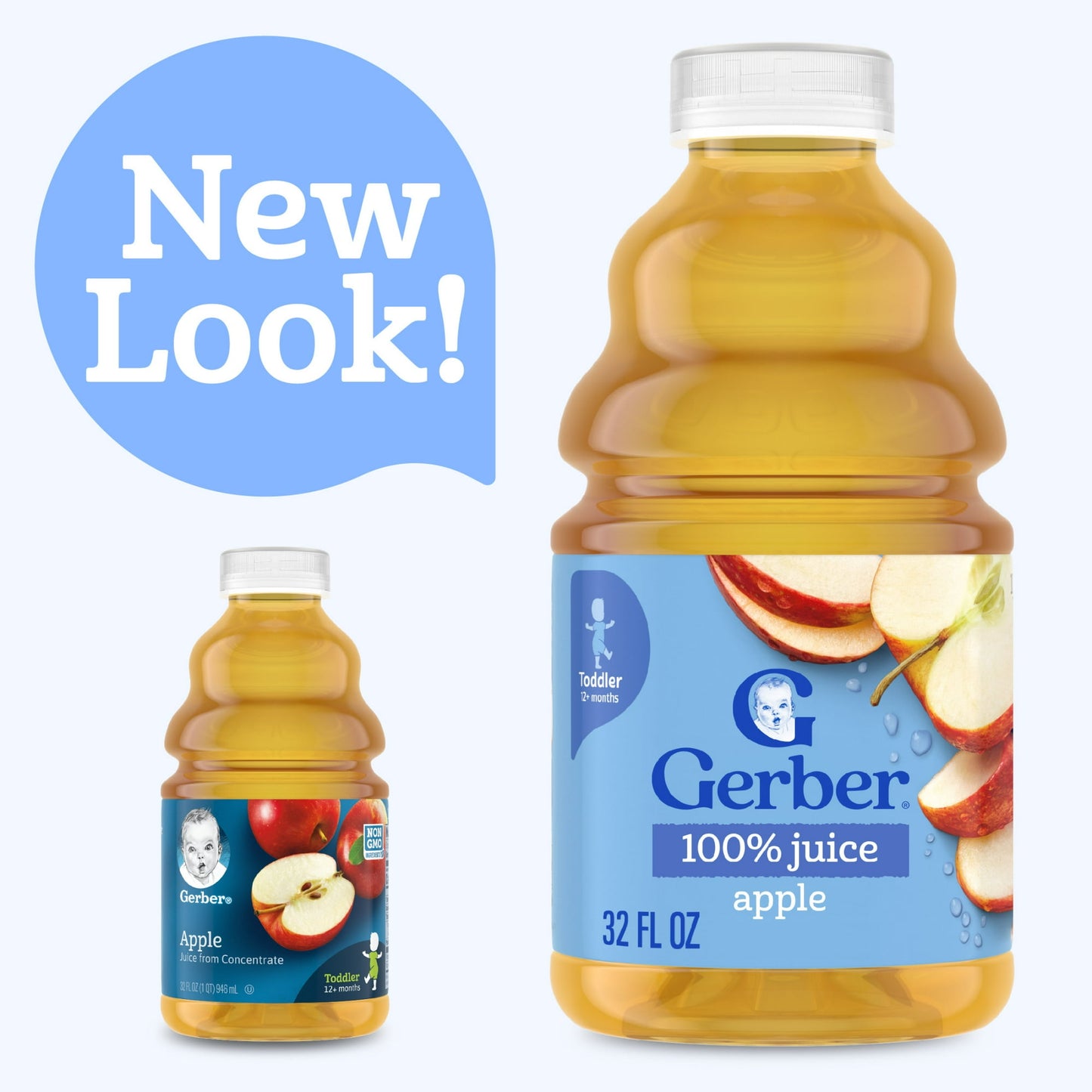 bottle of 100% juice, one with a blue label and one with a red label, on a white background.