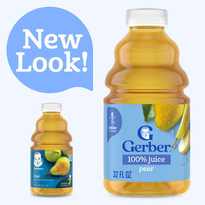 bottle of 100% juice, one with a new look label, on a white background.