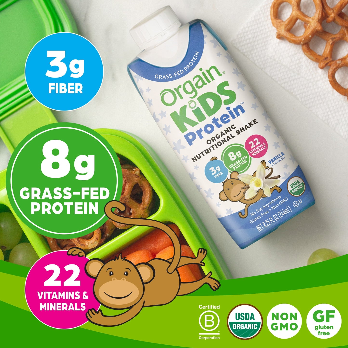 Kids Protein packaging with nutritional information on a green background