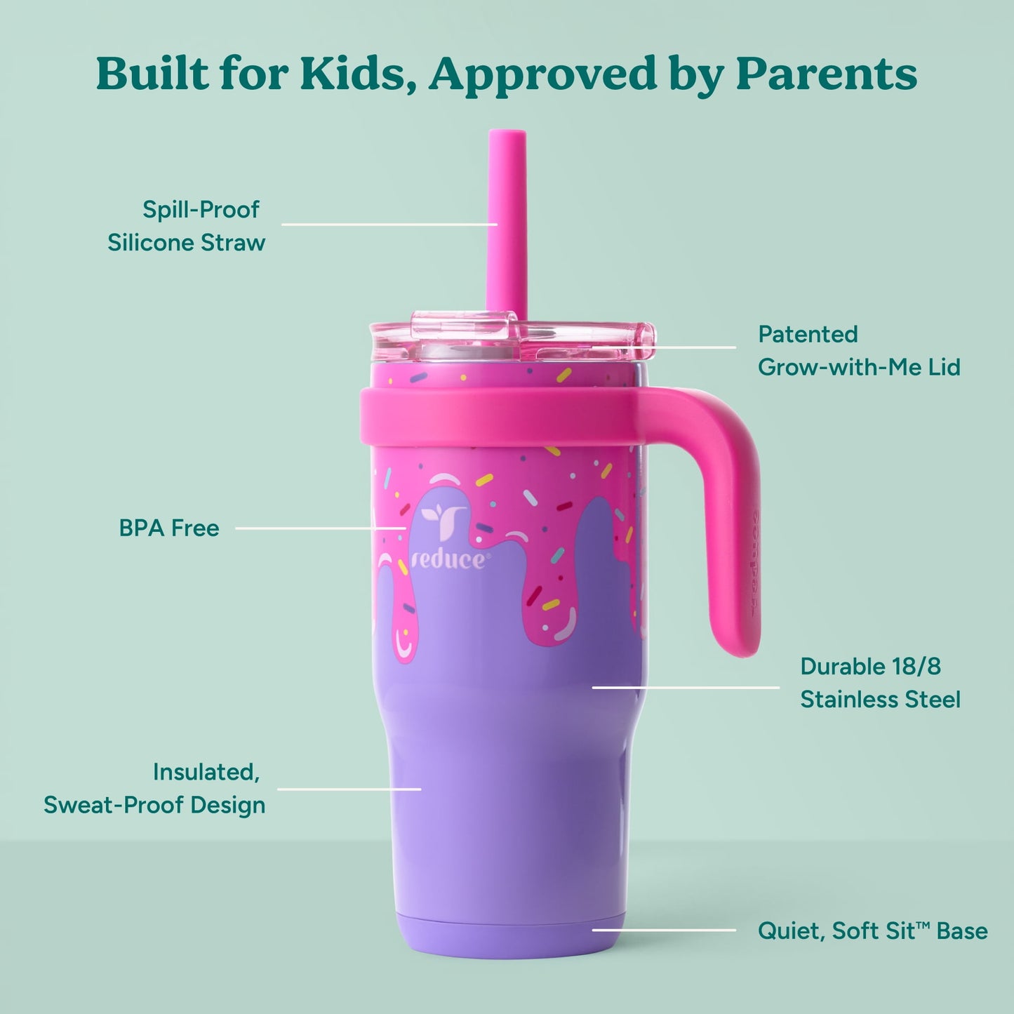 Reduce Coldee Kids Tumbler with Spill-Proof Straw Handle. Insulated Stainless Steel 18 oz
