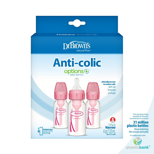 (3 pack) Dr. Brown's Natural Flow Anti-Colic Options+ Narrow Baby Bottle, Pink, 4oz, Slow Flow, 0m+, 3 Pack