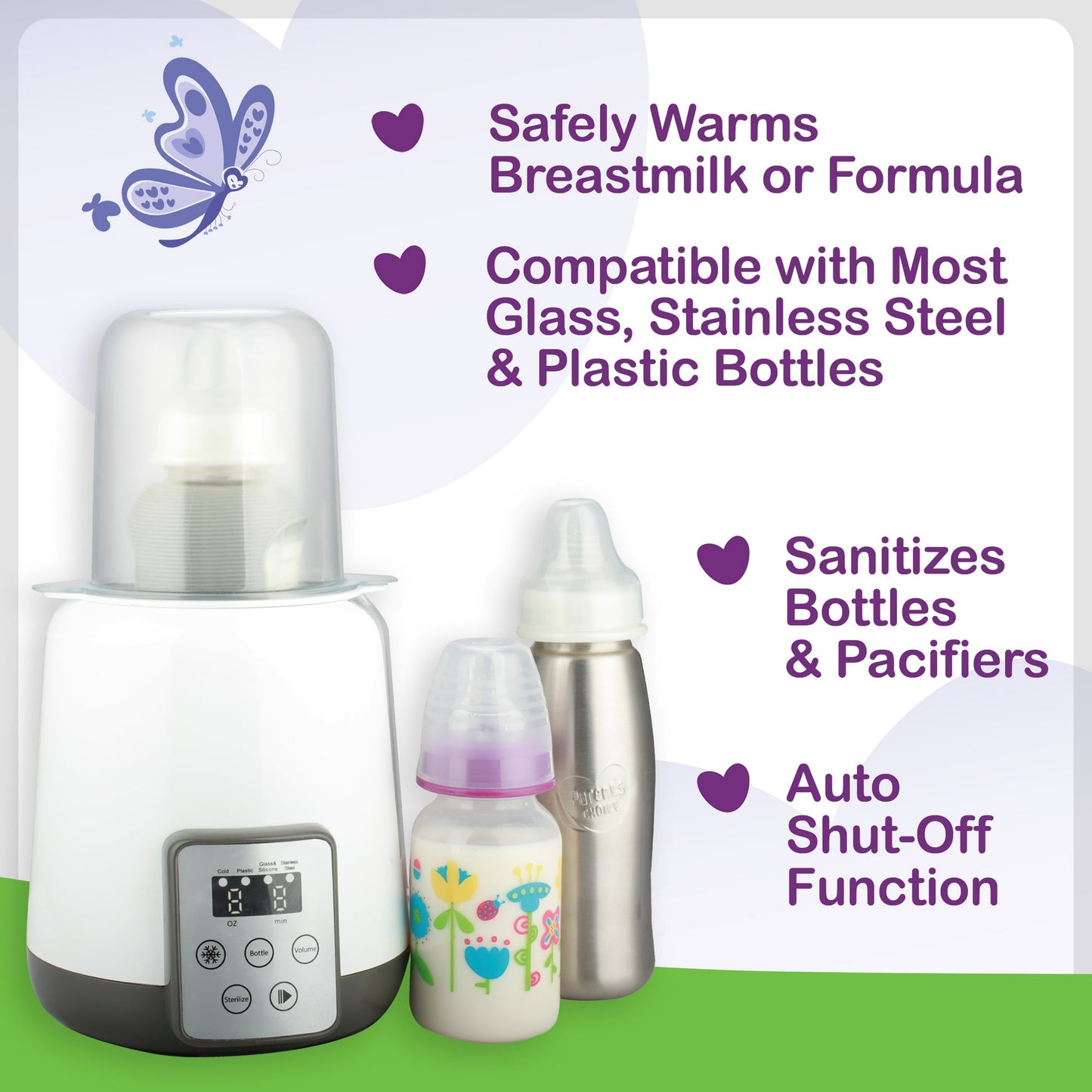 Image displaying a baby bottle warmer/sterilizer and text about it's details