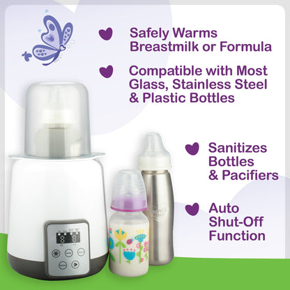 Image displaying a baby bottle warmer/sterilizer and text about it's details