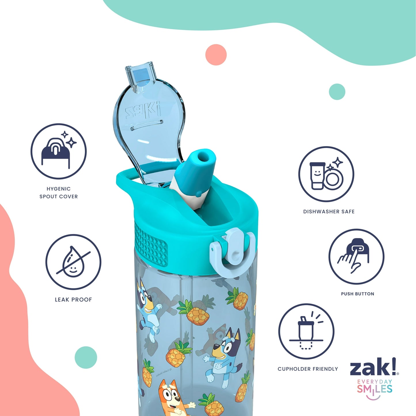 Zak Designs Kids Straw Water Bottle, Durable Plastic Park Bottle with Easy-Open Locking Spout Cover for Travel, Built in Carry Handle